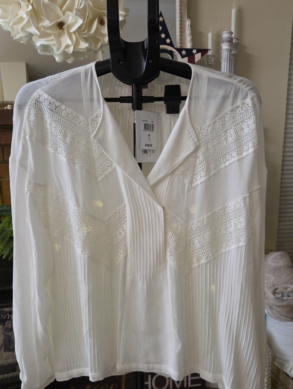 NWT IRO Women's White Lace & Pleat V-Neck Blouse SZ 34